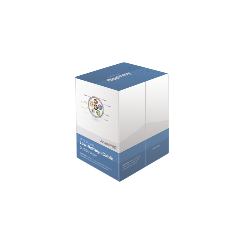 Bobina de 305 metros con 6 conductores de cobre trenzado calibre 20, aislamiento individual de FRPVC de alta calidad, cubierta exterior de PVC con protección anti-flama CM. Para aplicaciones de control de acceso