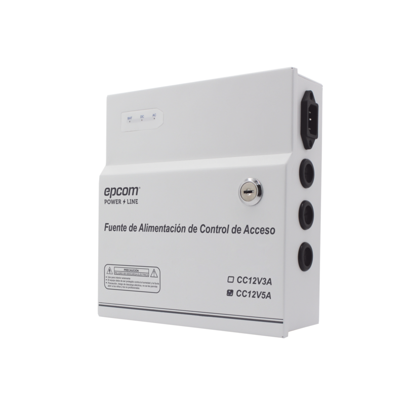 Fuente de Alimentación / 1 Salida 11-15 Vcc /  5 A / Temporizador Integrado / Con Capacidad de Batería de Respaldo / Requiere Batería / Aplicaciones en sistemas de control de Acceso