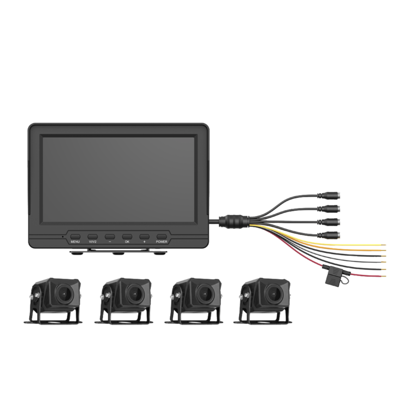 Sistema de Monitoreo Local / 4 Cámaras 1080p para Exterior (IP68) y Pantalla LCD de 7" a Color / Memoria Micro SD de 64 GB (Expandible a 512 GB) / Soporta Cambio de Cámara al Dar Reversa al Vehiculo / Accesorios de Instalación