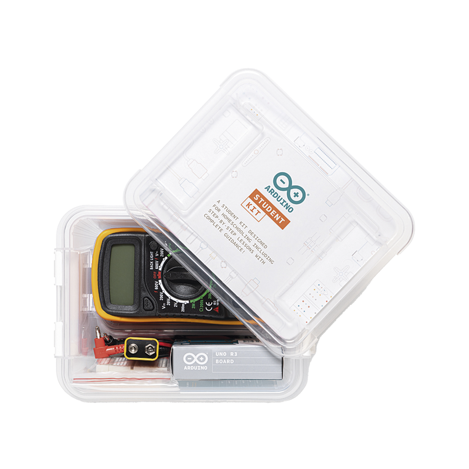 Arduino Student Kit,,Es un completo recurso multilenguaje de aprendizaje diseñado para enseñar los fundamentos de electrónica y programación a estudiantes de 11 años en adelante, sin necesidad de experiencia previa