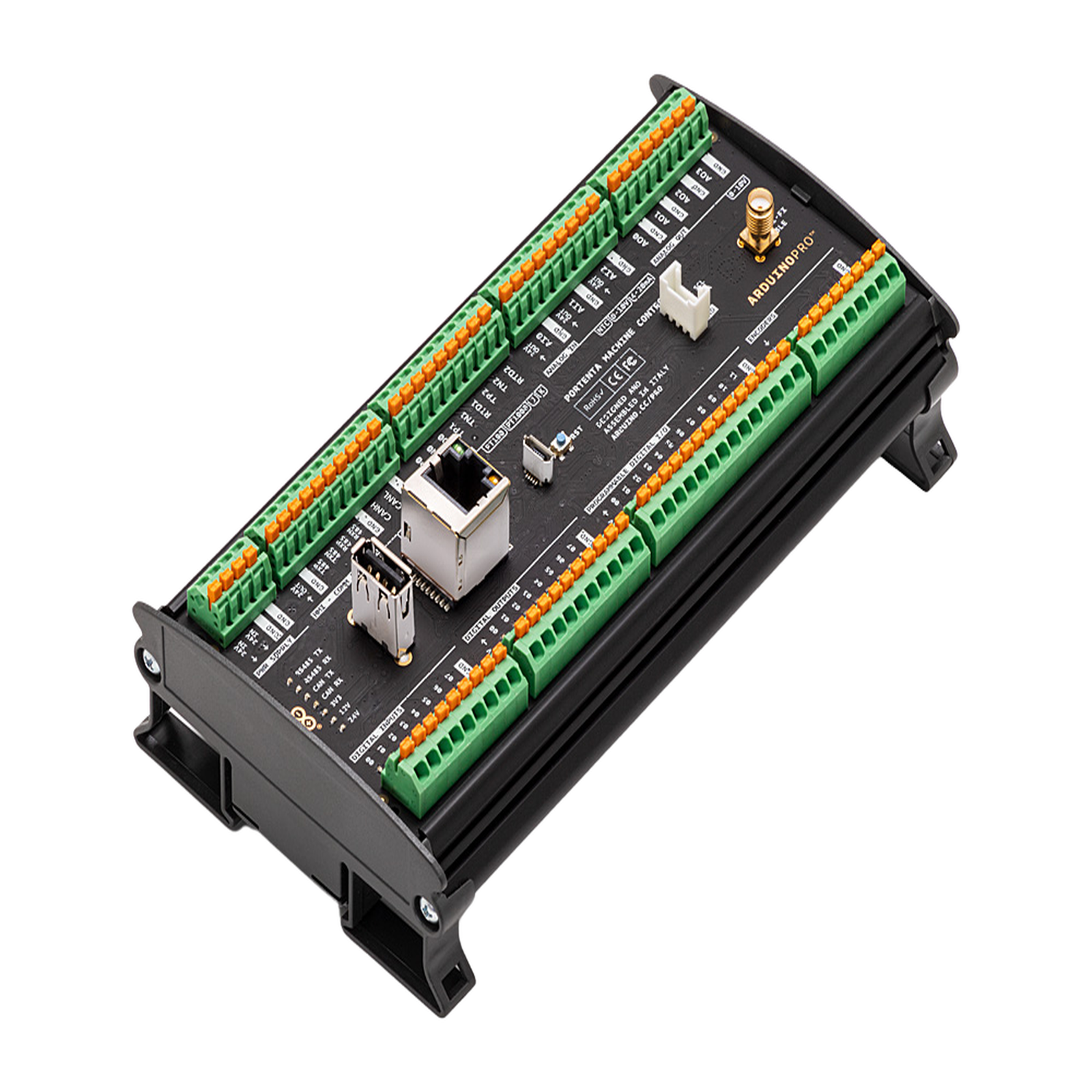 PORTENTA MACHINE CONTROL ,Ideal para aplicaciones en la Industria 4.0 gracias a sus múltiples  puertos de comunicación  y una programación flexible en estándares de PLC o Arduino IDE