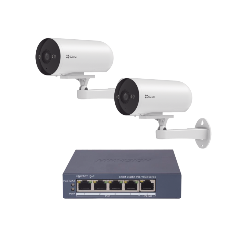 Kit de cámaras PoE Para Uso en Exterior / PoE Estandar Af / 2 piezas CS-H5/3MP/ 1 Pieza de Switch DS-3E1505P-EI/M / Vision Nocturna a Color / IP67 / Audio Bidireccional / Luz y Sirena / 4 Puertos 1000 Mbps PoE+ / 1 Puerto 1000 Mbps Uplink