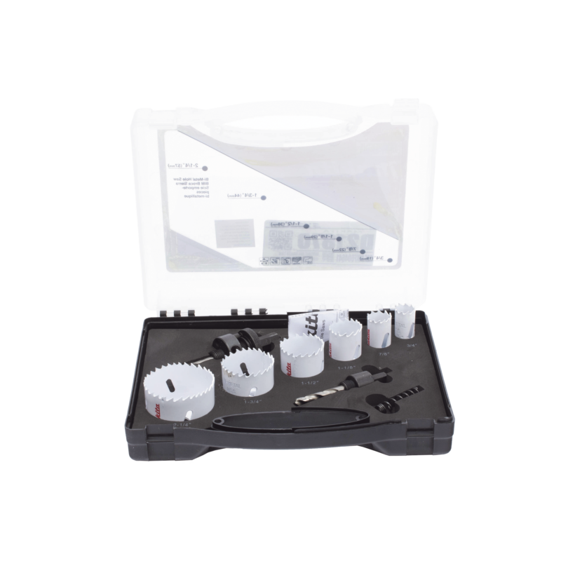 Kit de broca sierras (3/4 - 2 1/4 in) incluye 6 piezas de broca sierras, 2 adaptadores y resorte de expulsión.