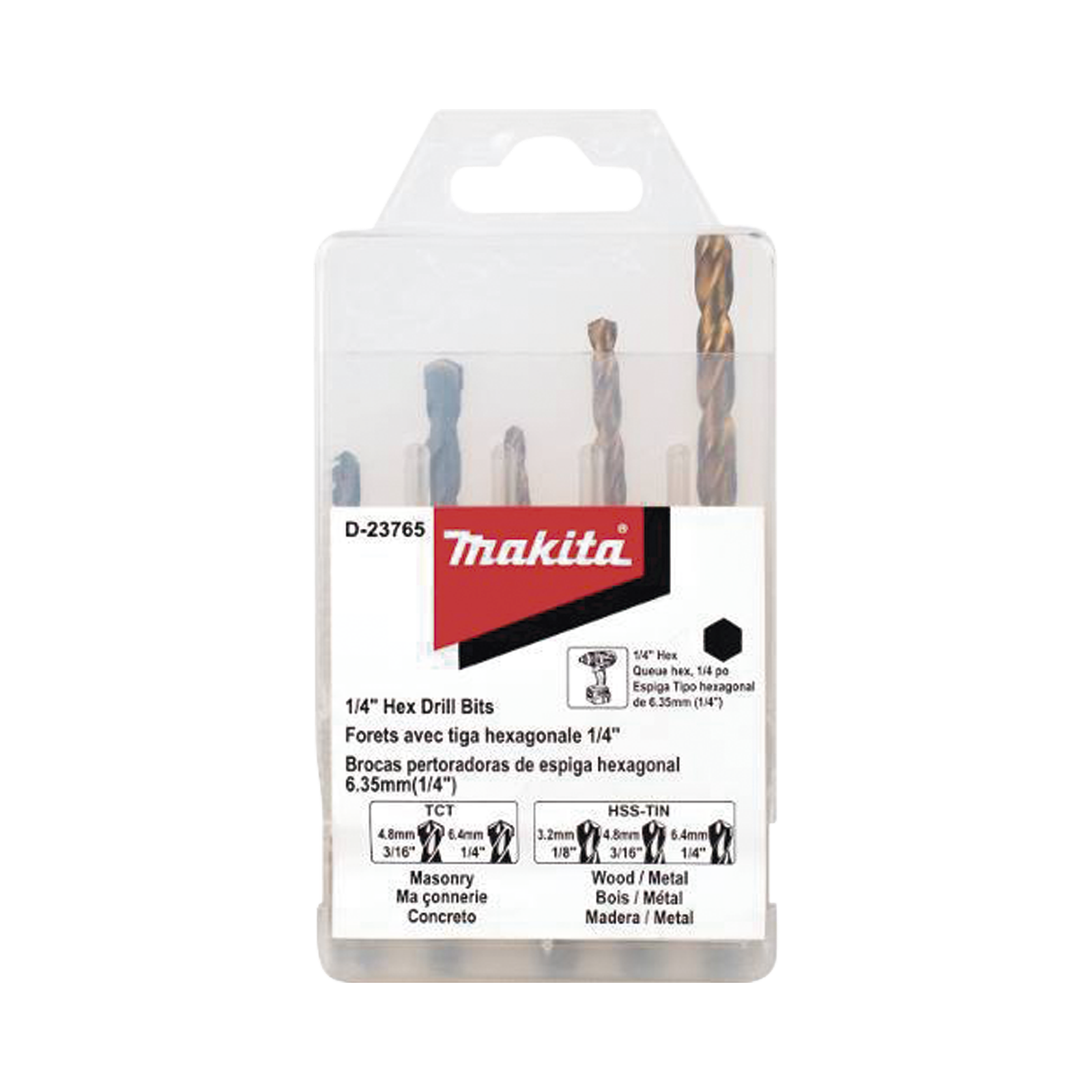 Juego de 5 Brocas con Inserción Hexagonal de 1/4". De concreto: 3/16" y 1/4". Para metal: 1/8", 3/16" y 1/4".