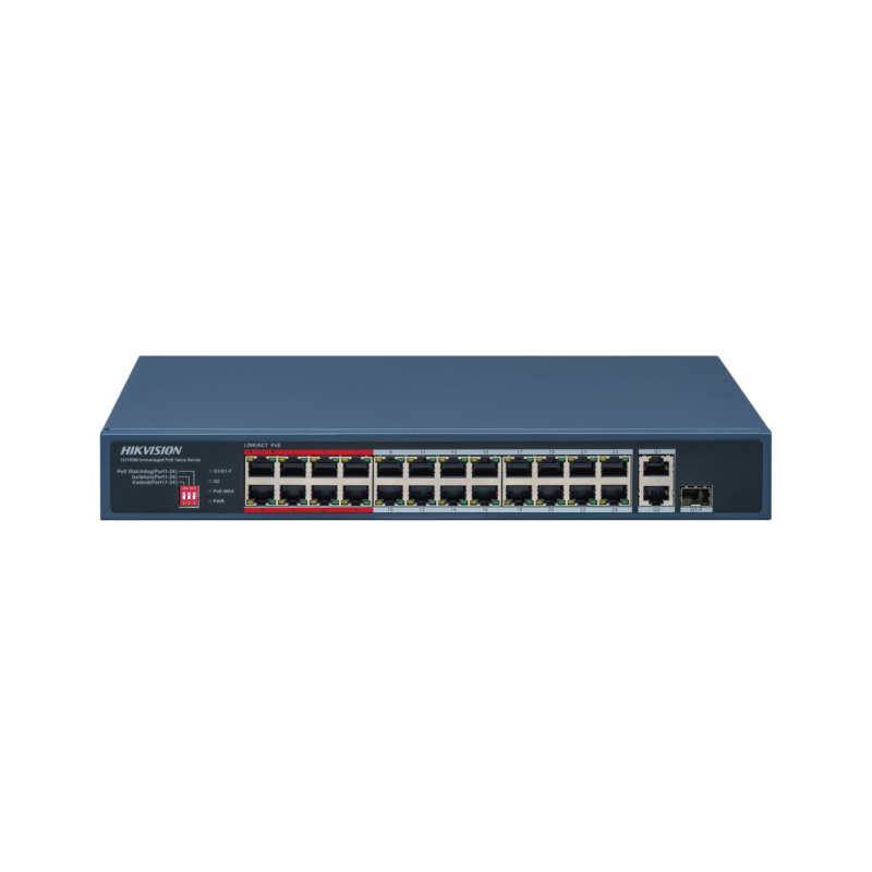 Switch PoE+ / No Administrable / 24 Puertos 10/100 Mbps PoE+ / 2 Puertos 1000 Mbps Uplink / 1 Puerto SFP Uplink / Modo Extendido hasta 300 Metros / 230 W