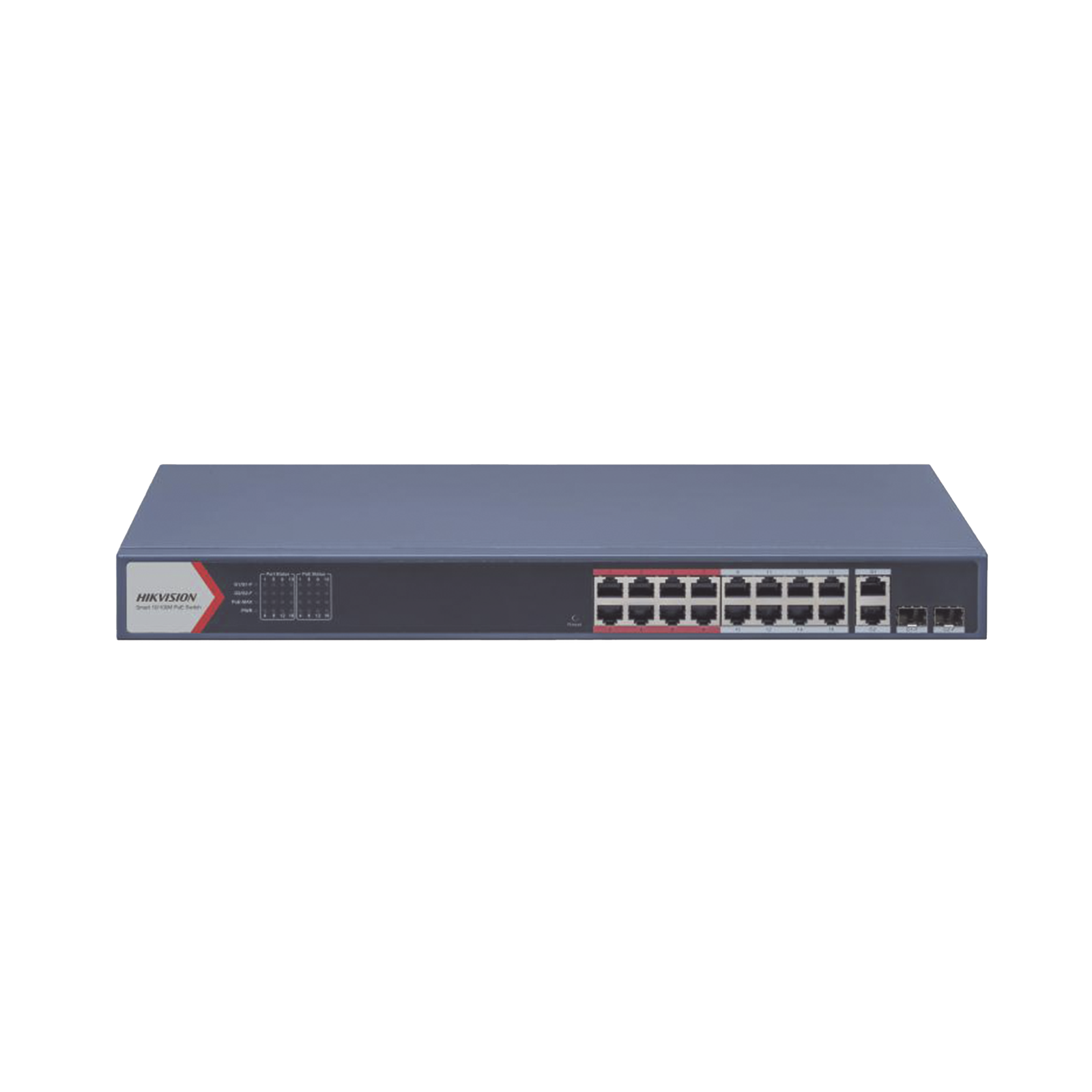 Switch PoE+ / Monitoreable / 16 puertos 10/100 Mbps PoE+ / 2 Puertos 1000 Mbps Uplink / 2 Puertos SFP de Uplink / Configuración Nube Hik-Partner Pro / Modo Extendido hasta 300 metros / 230 W