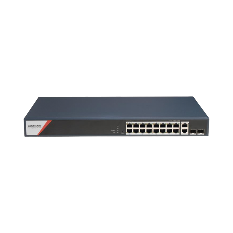 Switch Gigabit PoE+ / Administrable / 16 Puertos 1000 Mbps PoE+ (4 Puertos PoE++ 90 W) / 2 Puertos 1000 Mbps de Uplink / 2 Puertos SFP / Configuración Nube Hik-PartnerPro / Modo Extendido hasta 300 Metros / 230 W