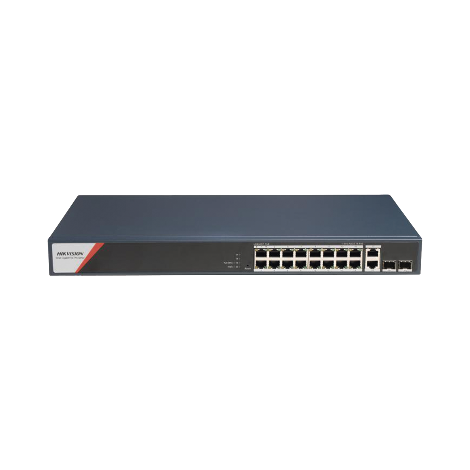Switch Gigabit PoE+ / Administrable / 16 Puertos 1000 Mbps PoE+ (4 Puertos PoE++ 90 W) / 2 Puertos 1000 Mbps de Uplink / 2 Puertos SFP / Configuración Nube Hik-PartnerPro / Modo Extendido hasta 300 Metros / 230 W