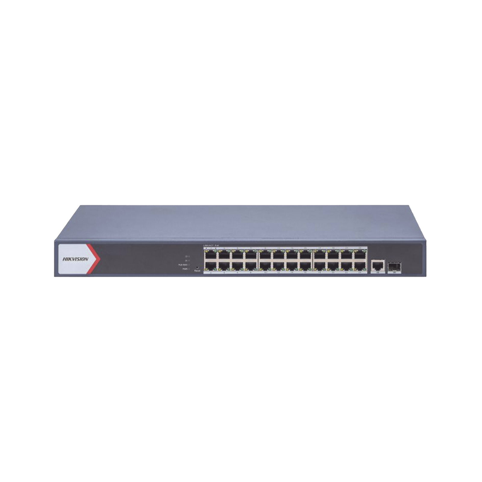 Switch Gigabit PoE+ / Monitoreable / 24 Puertos 1000 Mbps PoE+ / 1 Puerto 100 uplink / 1 Puerto 1000 Mbps Uplink / 1 Puertos SFP Uplink / Configuración Nube desde Hik-PartnerPro / Modo Extendido hasta 300 Metros / 370 W