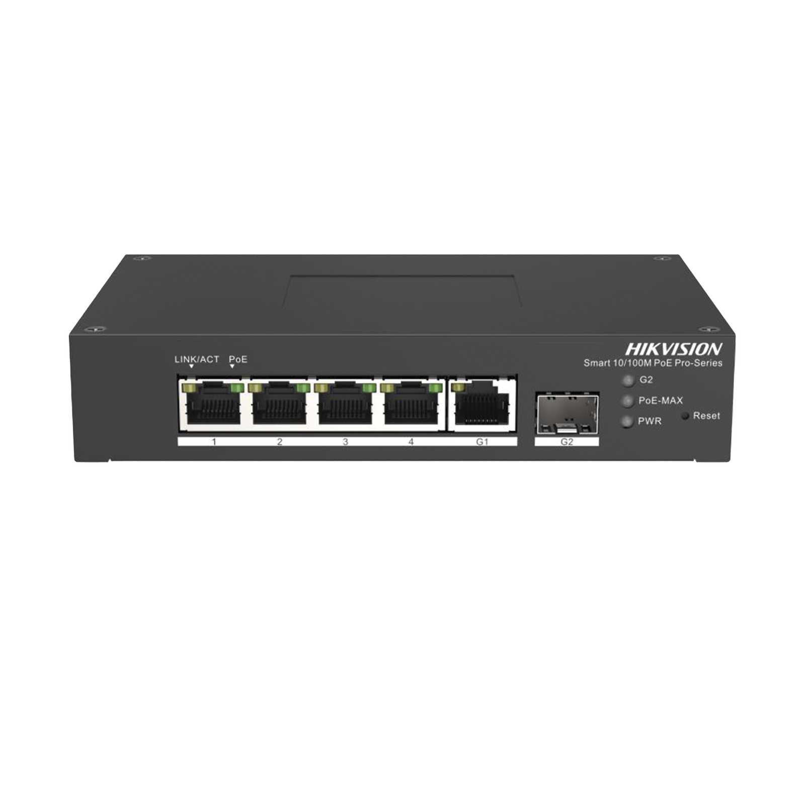 Switch PoE+ Industrial de Escritorio / Administrable / 4 Puertos 10/100 Mbps PoE+ / 1 Puerto 1000 Mbps Uplink / 1 Puertos SFP / Configuración Nube Hik-PartnerPro / Modo Extendido hasta 300 Metros / 60 Watts