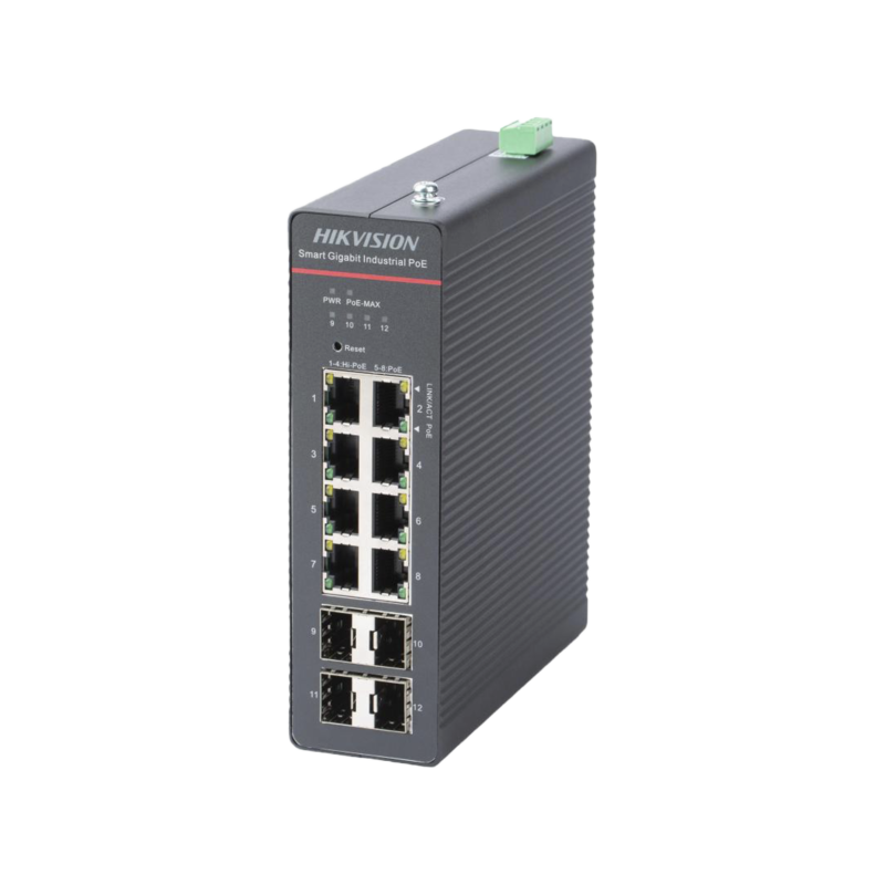 Switch Gigabit PoE+ / Industrial / Administrable / 4 Puertos Gigabit PoE+ (90 W) + 4 Puertos Gigabit PoE+(30 W) / 4 Puertos Gigabit SFP / 300 W Total / 48 a 57 VCD / Ideal para Proyectos / 300 Metros de Distancia