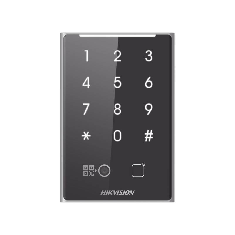 Lector de Tarjetas PROX EM y de Códigos QR / Teclado para Contraseña / Compatible con Controladores DSK2600 Series Hikvision / Comunicación RS485 y WIEGAND / IP65