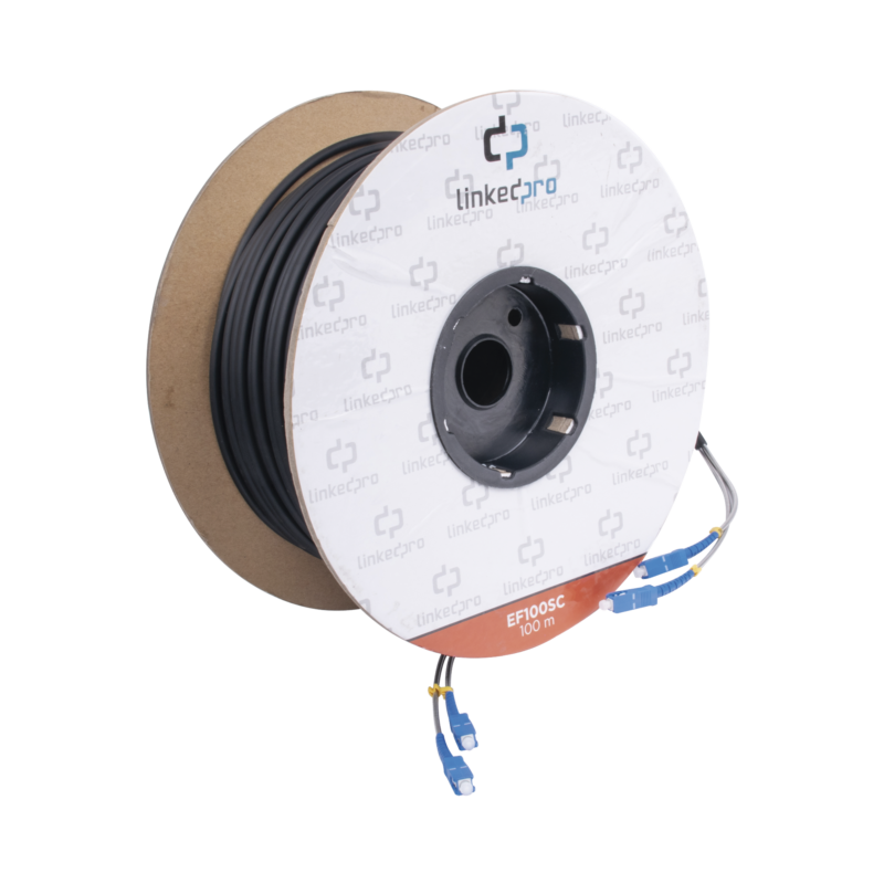 Carrete de Fibra Óptica Monomodo con Conectores SC-SC Duplex, Reforzada con Kevlar, de 100 metros