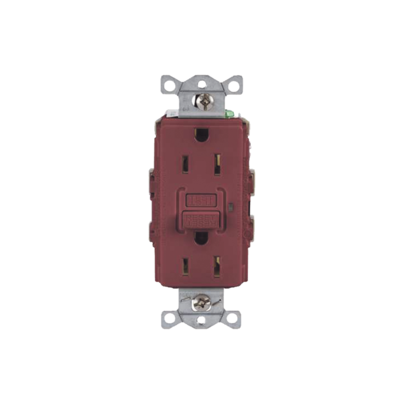 Contacto de Auto-verificación GFCI con Interruptor de Falla a Tierra de 15 A 125 V 2 Polos/ Color Rojo / Nema 5-15R / Grado Industrial Comercial.
