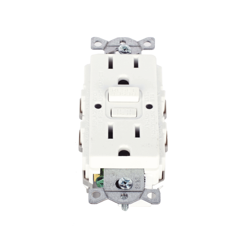 Contacto de Auto-verificación GFCI con Interruptor de Falla a Tierra de 15 A 125 V 2 Polos, 3 Hilos Color Blanco (Nema 5-15R), Grado Comercial.