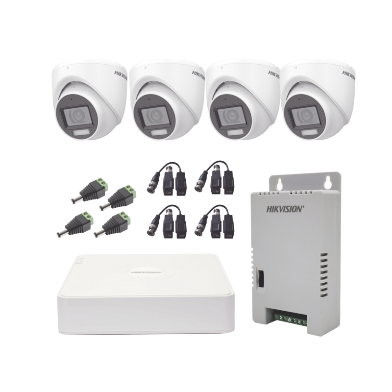 KIT TurboHD 1080p / DVR 4 Canales con audio por coaxitron / 4 Cámaras con Micrófono y 106° Visión/ luz blanca + IR visión nocturna / Transceptores / Conectores / Fuente de Poder Profesional