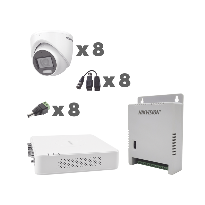 KIT TurboHD 1080p / DVR 8 Canales con audio por coaxitron / 8 Cámaras con Micrófono Integrado 101° Visión/  luz blanca + IR visión nocturna  / Transceptores / Conectores / Fuente de Poder Profesional