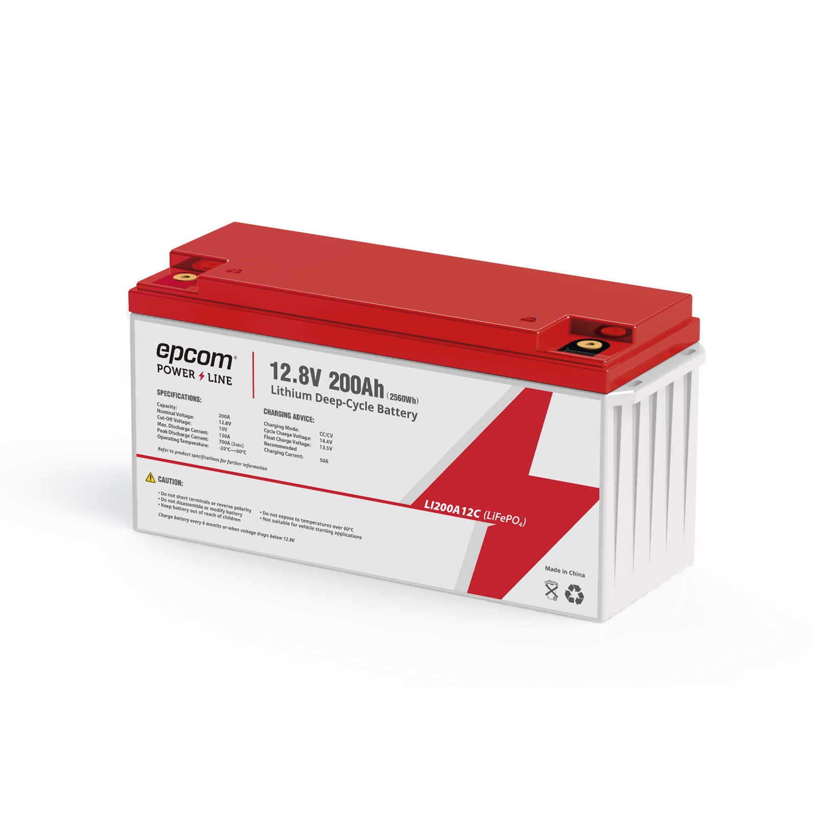 Batería de Litio Ciclo Profundo, 12.8 Vcc 200Ah (LiFePO4 de Celdas Cilíndricas) , Solar, Marina, Máximo 200 A de Descarga