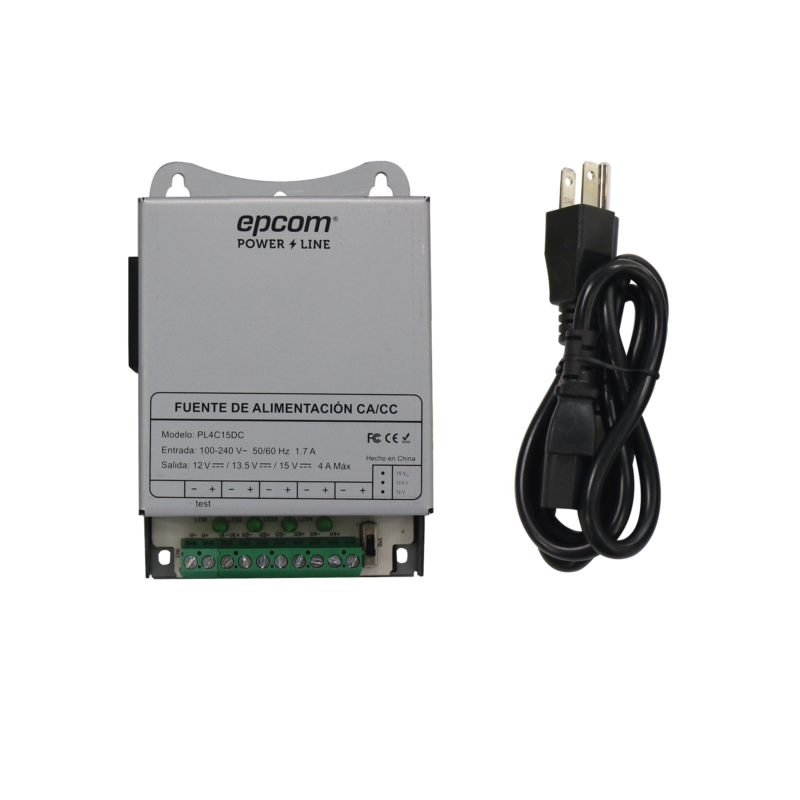 Fuente de Poder Metálica / Para 4 Cámaras / Ajustables a 12 o 13.5 o 15 Vcc / 4 Amperes / Instalación en Pared.