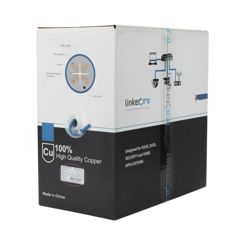 Bobina de Cable de 305 Metros (1000 Pies) Cat6+, CMR, Calibre 23 Alto Rendimiento, ETL, UL, Color Azul, Super Flexible, para Aplicaciones de Video Vigilancia, Video HD, y Redes de Datos. Uso Interior.