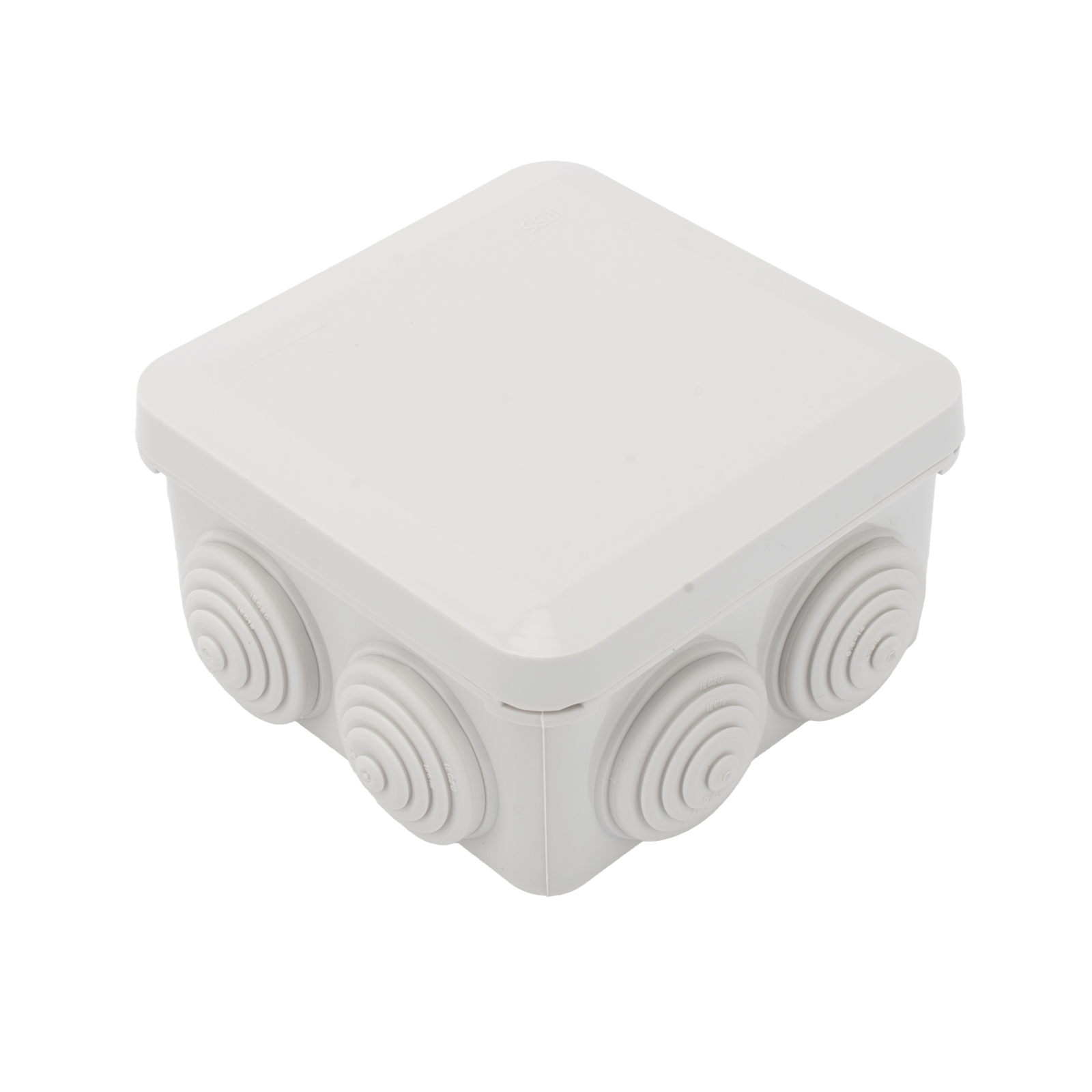 Caja Derivación-Conexión de Plástico (89 X 89 X 50 mm) con 7 Glándulas de Goma. Para Instalaciones Comerciales, Residenciales e Industriales. Cerrado a Presión.