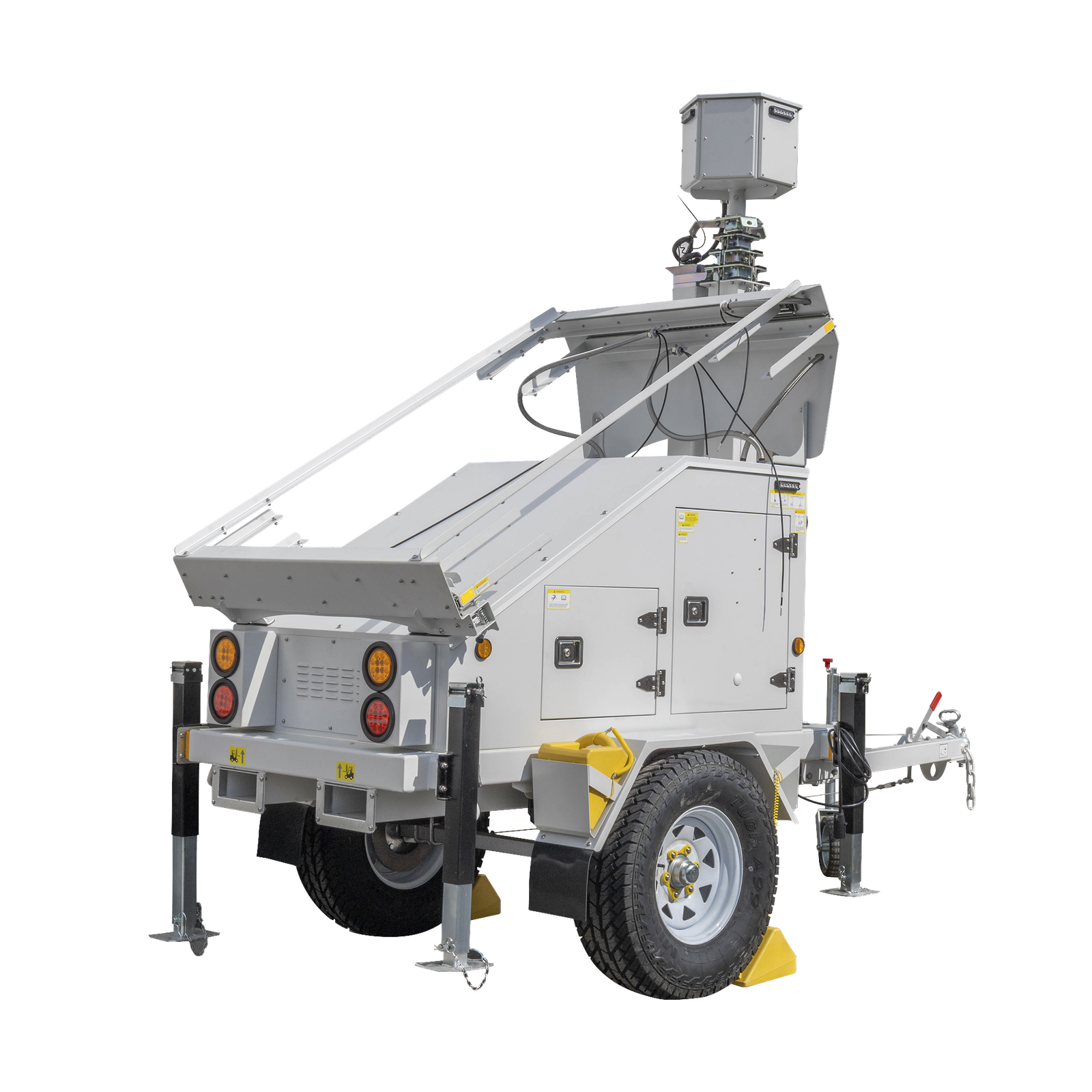 Traila / Remolque con Mástil Retráctil de 7.5 m. para Videovigilancia o Iluminación, con Bases para Instalar Paneles Solares y Baterías (No incluidos)