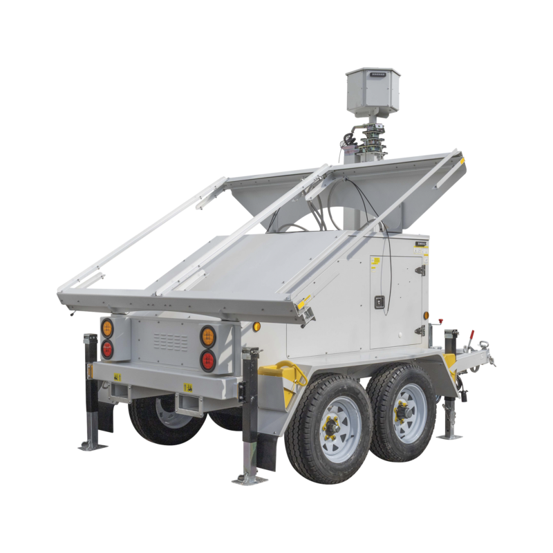 Traila / Remolque de Doble Eje con Mástil Retráctil de 7.5 m. para Videovigilancia o Iluminación, con Bases para Instalar Paneles Solares y Baterías (No incluidos)