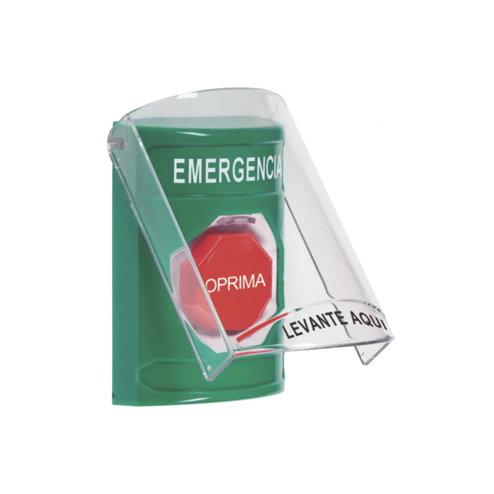??Botón Multipropósito, Color Verde, De Superficie, Con Tapa De Policarbonato, Con Bocina Pre Alarma, Solo Interior, Llave Para Restablecer, Texto De Emergencia, Español
