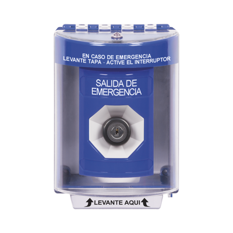 Botón de Salida de Emergencia, Texto en Español, Tapa Protectora de Policarbonato Súper Resistente, Llave para Activar