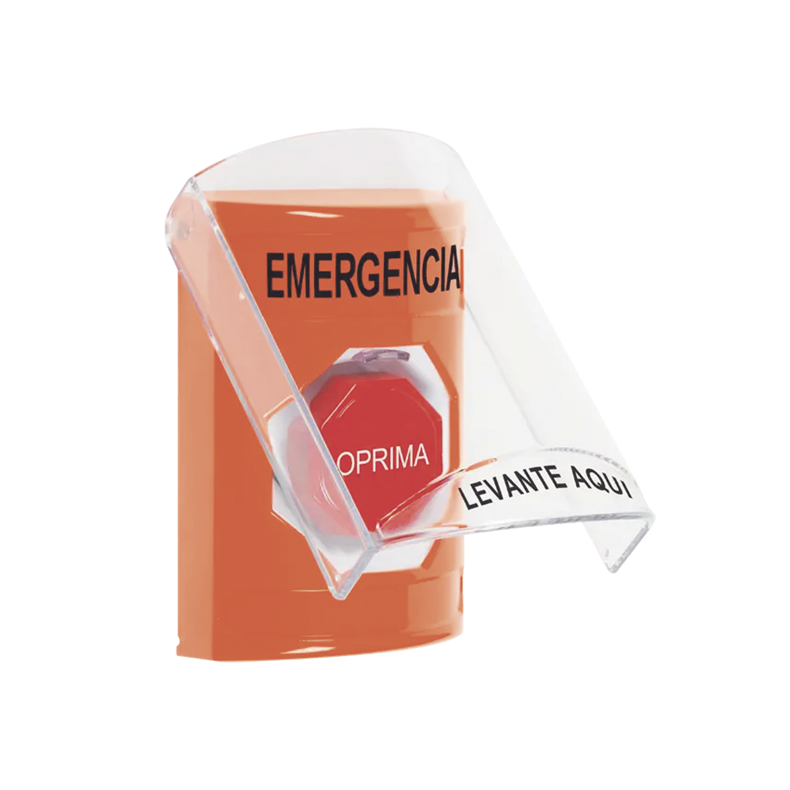 ?Botón Multipropósito, Color Naranja, De Superficie, Con Tapa De Policarbonato, Con Bocina Pre Alarma, Solo Interior, Llave Para Restablecer, Texto De Emergencia, Español