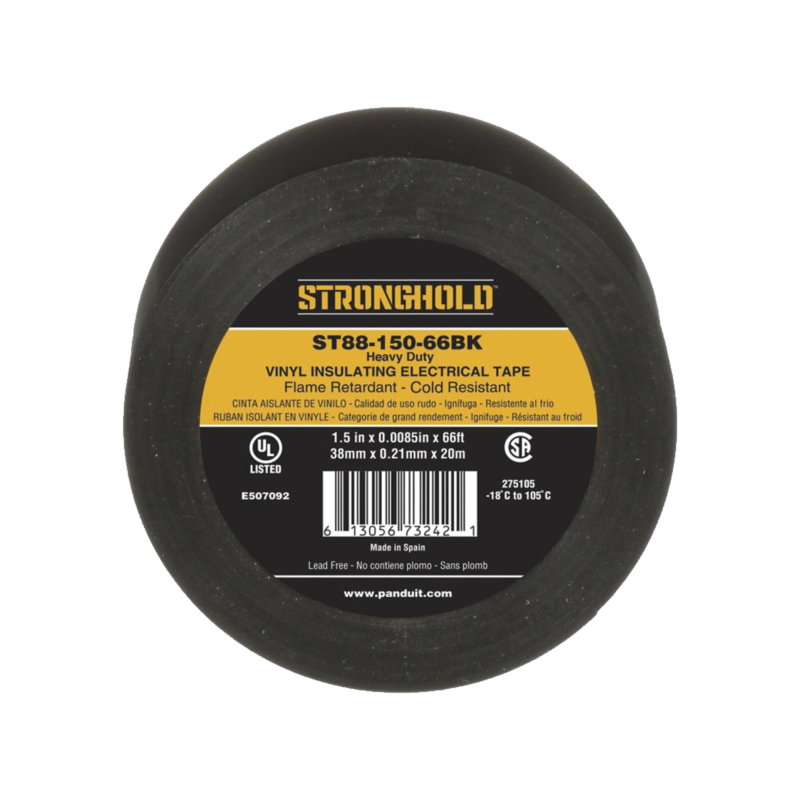 Cinta Eléctrica STRONGHOLD para Aislar, de PVC, Trabajo Pesado Eléctrico Industrial (Soporta UV, abrasión, agua, aceite y corrosión), Grosor de 0.21 mm (8.5 mil), Ancho de 38 mm, y 20 m de Largo, Uso Interior/Exterior, Color Ne