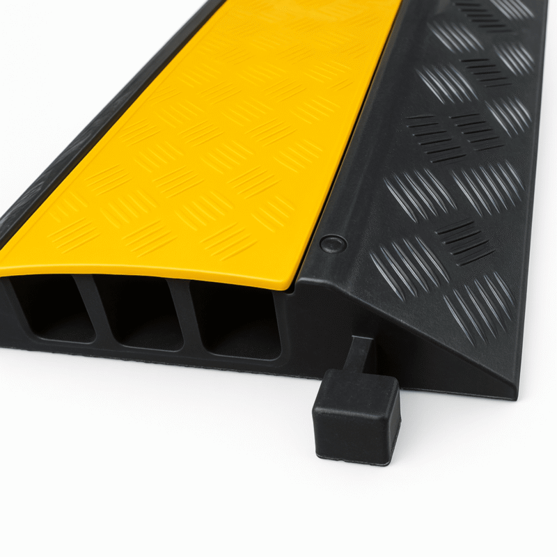Protector de Cable de 3 Canales / Base de Goma y Tapa de Plástico / Tamaño del Canal 30x30mm / Capacidad de Carga 5 Toneladas / Longitud 90 cm / Ancho del Contorno 50 cm / Altura 4.5 cm / Color Amarillo-Negro / Material Hule