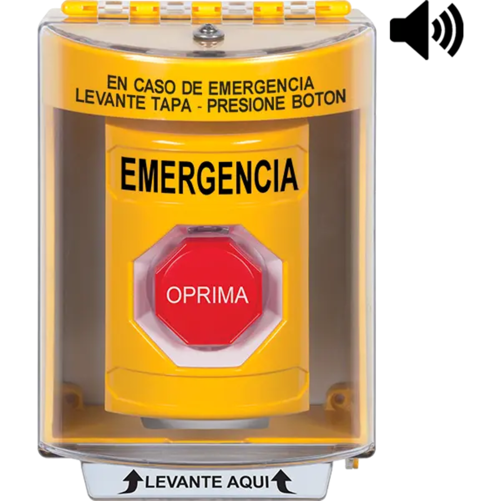 ?Botón Multipropósito, Color Amarillo, De Superficie con Espaciador, C/Tapa De Policarbonato, C/Bocina Pre Alarma, Interior/Exterior, Llave Para Restablecer, Texto De Emergencia, Español