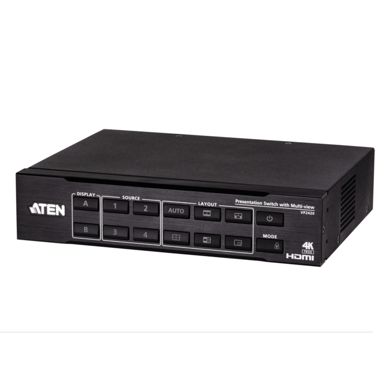Switch HDMI de Presentación 4x2 True 4K / Multi View / 4 HDMI Entradas / 2 HDMI Salidas / Escalador 4K Integrado / Control RS-232, IR, Telnet, Web GUI / Montaje en Rack / Modo de Espera para Ahorro de Energía