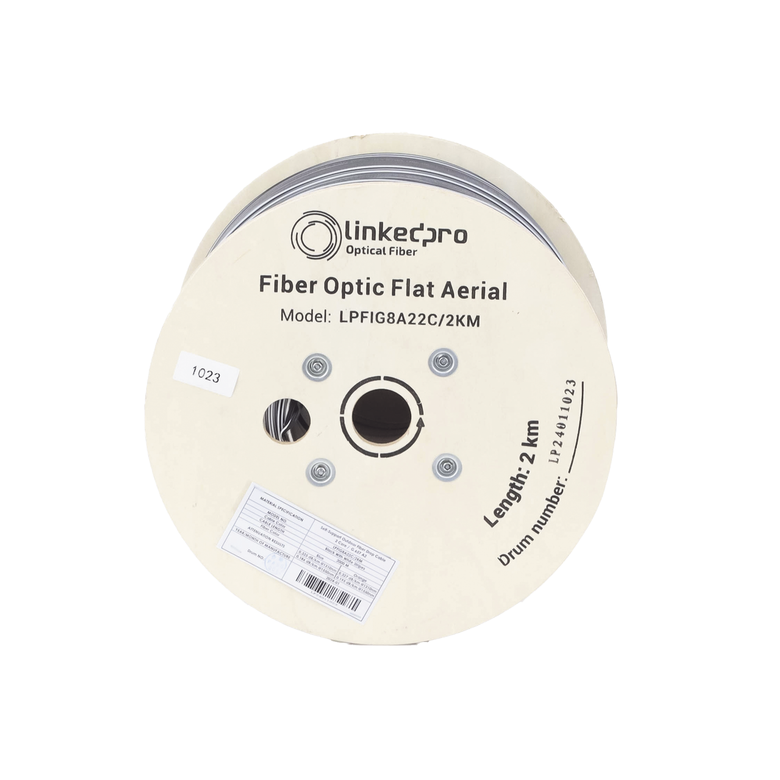 Carrete de 2 km de Fibra Óptica Aérea Mini Figura 8 G.657A2 tipo Drop Plana, Monomodo de 2 Hilos (bifibra), Color Negro,  (No Soporta Conectores Mecánicos)