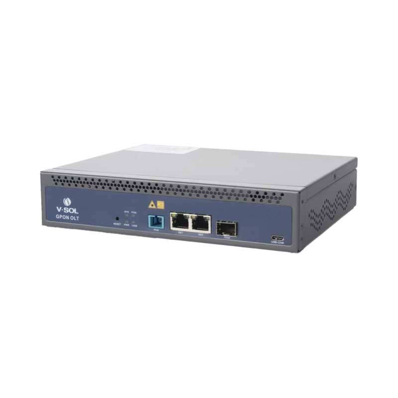 OLT de 1 puerto GPON SC/UPC + 3 puertos Uplink (2 puertos Gigabit Ethernet + 1 puerto SFP/SFP+), Fuente de alimentación redundante AC/DC , hasta 128 ONUS