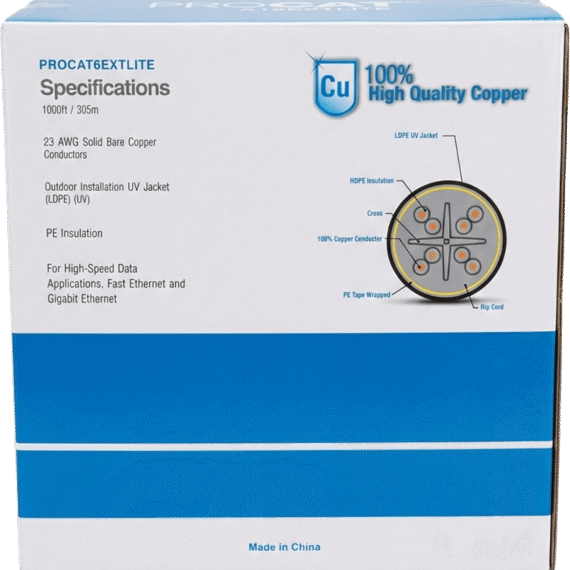 Bobina de Cable 305 Metros (1000 Pies) Cat6+ Calibre 23, Climas Extremos, Color Negro, Sin Blindar, para Intemperie.