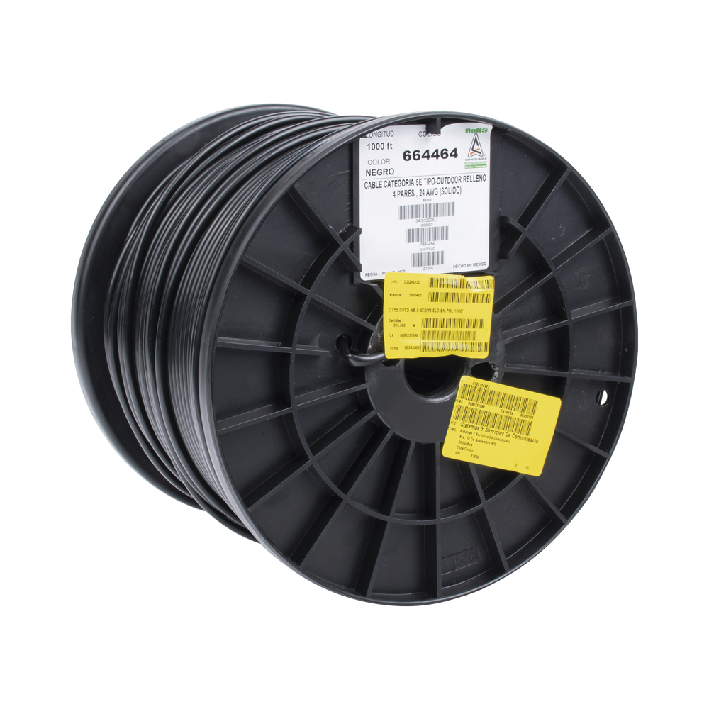 Bobina de 305 Metros (1000 Pies) Cat5e con Gel para Exterior, Color Negro, para Aplicaciones en Sistemas de Redes de Datos y Cableado Estructurado. Uso Intemperie.