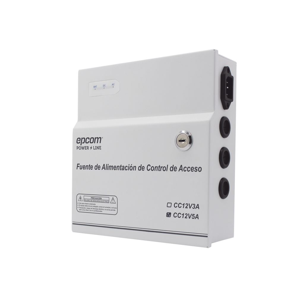 Fuente de Poder / 1 Salida 11-15 Vcc /  5 A / Temporizador Integrado / Con Capacidad de Batería de Respaldo / Requiere Batería / Aplicaciones en sistemas de control de Acceso