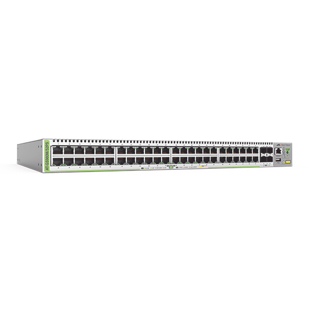 Switch PoE+ Administrable CentreCOM GS980M, Capa 3 de 48 puertos 10/100/1000Mbps + 4 SFP Gigabit, 740 W