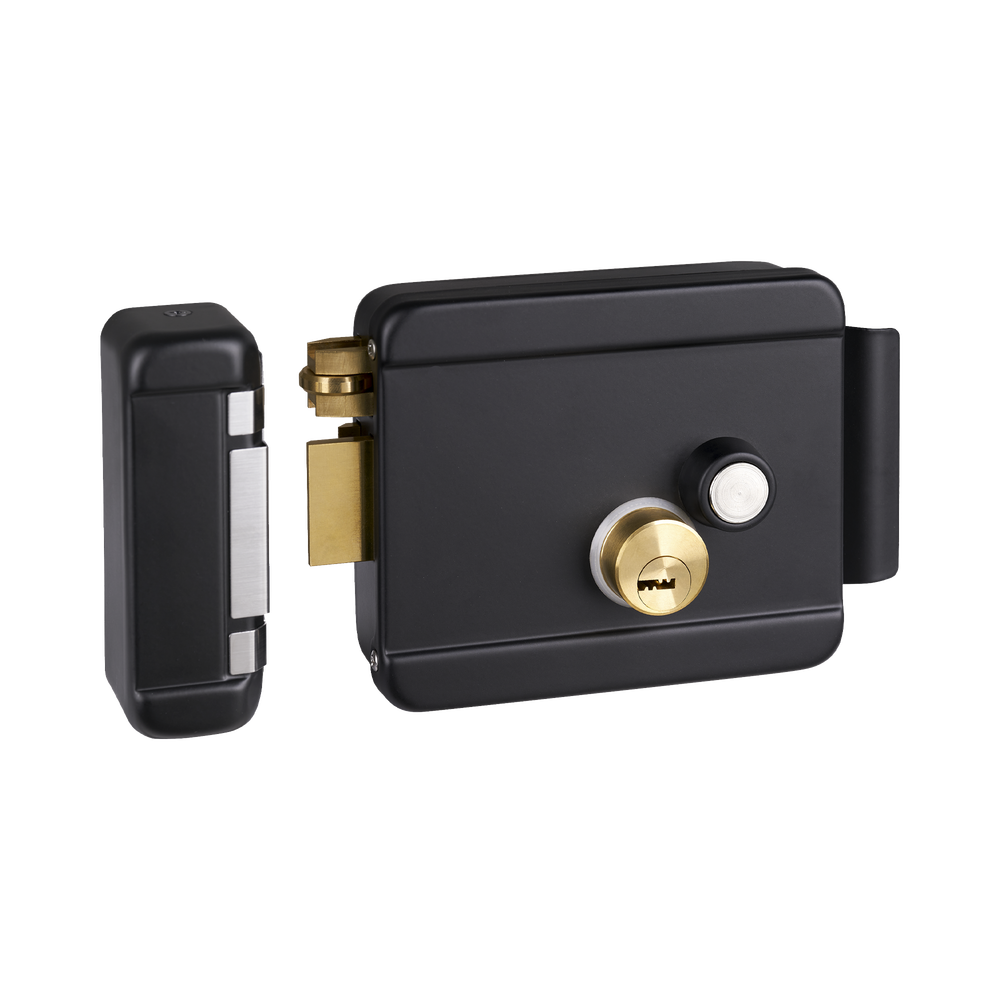 Cerradura Eléctrica con Botón de Salida / Incluye Llave  / Exterior / Izquierda / Color Negro