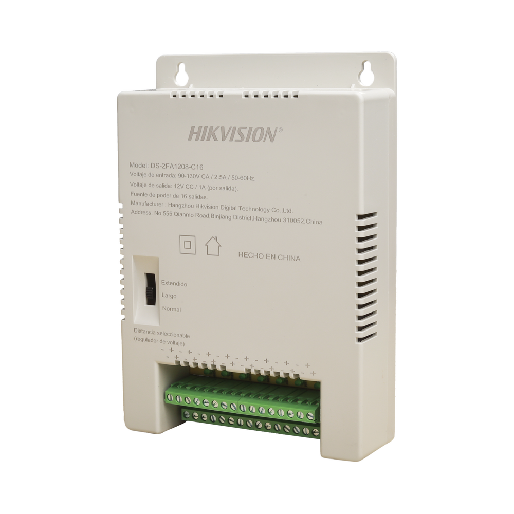 Fuente de Poder Regulada 12 Vcc / 13.5 Vcc / 15 Vcc para 16 CÃ¡maras / 16 Amp (1 Amp por Salida) / Voltaje de Entrada 90 - 130 VCA / Soporta 4K / Modo para Largas Distancias