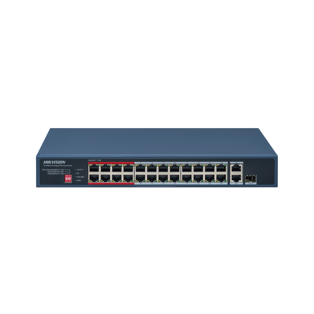 Switch PoE+ / No Administrable / 24 Puertos 10/100 Mbps PoE+ / 2 Puertos 1000 Mbps Uplink / 1 Puerto SFP Uplink / Modo Extendido hasta 300 Metros / 230 W