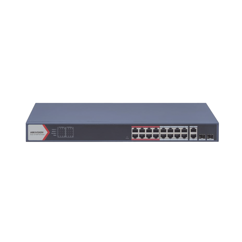 Switch PoE+ / Monitoreable / 16 puertos 10/100 Mbps PoE+ / 2 Puertos 1000 Mbps Uplink / 2 Puertos SFP de Uplink /  Configuración Nube Hik-Partner Pro / Modo Extendido hasta 300 metros / 230 W