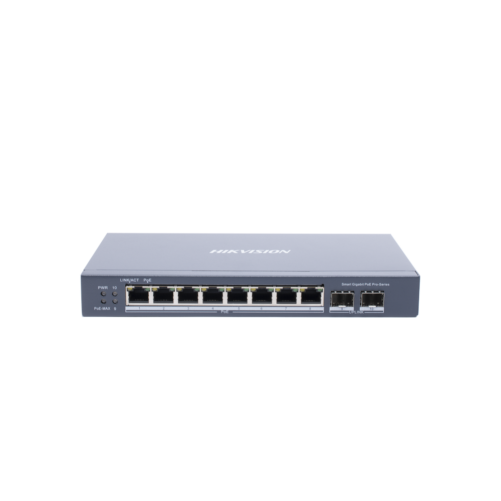 Switch Gigabit PoE+ / Administrable / 8 Puertos Gigabit PoE+ / 2 Puertos SFP / Configuración Nube Hik-Partner Pro / Modo Extendido hasta 300 Metros / 110 W