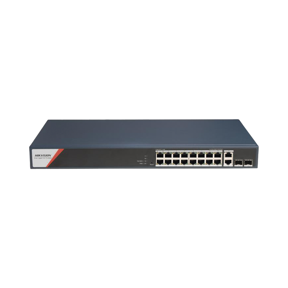 Switch Gigabit PoE+ / Administrable / 16 Puertos 1000 Mbps PoE+ (4 Puertos PoE++ 90 W) / 2 Puertos 1000 Mbps de Uplink / 2 Puertos SFP / Configuración Nube Hik-PartnerPro / Modo Extendido hasta 300 Metros / 230 W
