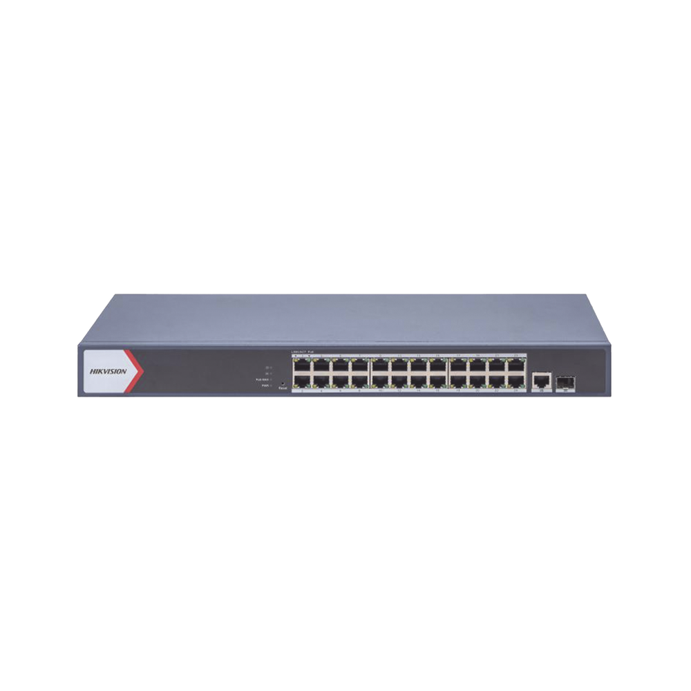 Switch Gigabit PoE+ / Administrable / 24 Puertos 1000 Mbps PoE+ / 1 Puerto 1000 Mbps Uplink  / 1 Puertos SFP Uplink / Configuración Nube Hik-Partner Pro / Modo Extendido hasta 300 Metros / 230 W