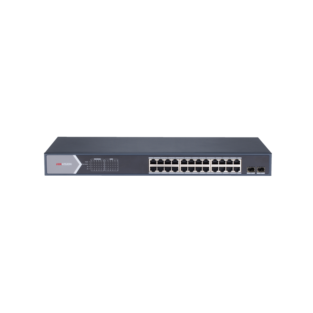 Switch Gigabit PoE+ / Administrable / 24 Puertos 1000 Mbps PoE+ / 2 Puertos SFP / Configuración Remota desde Hik-PartnerPro / PoE Extendido 250 Metros / 370 Watts