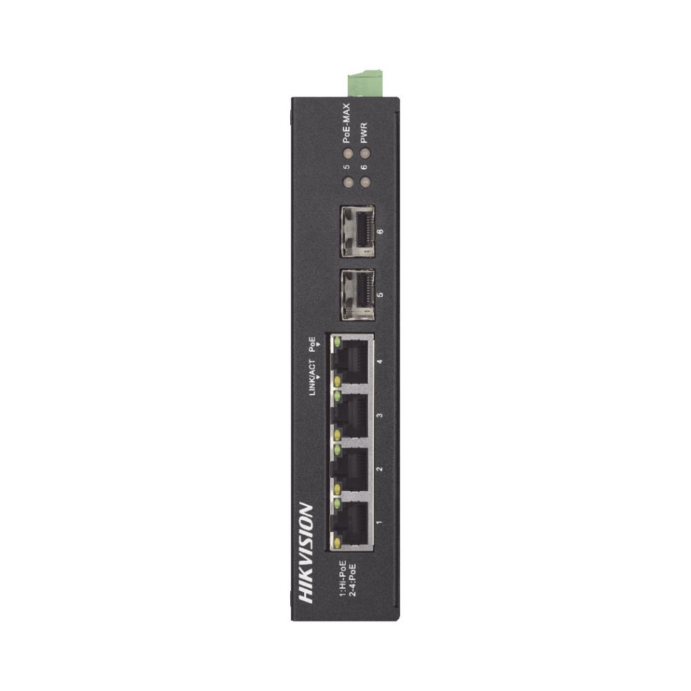Switch Industrial No Administrable Gigabit / 3 Puertos Gigabit PoE+ (30 W) + 1 Puerto Gigabit PoE++ (60 W) / 2 Puertos SFP / 65 W Total / 48 a 57 VCD / Ideal para Proyectos / 300 Metros de Distancia