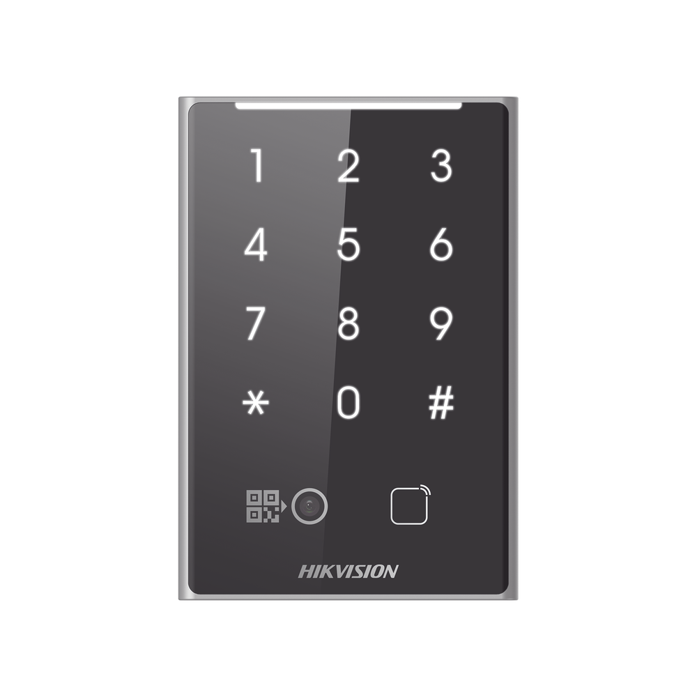 Lector de Tarjetas PROX EM y de Códigos QR / Teclado para Contraseña / Compatible con Controladores DSK2600 Series Hikvision / Comunicación RS485 y WIEGAND / IP65